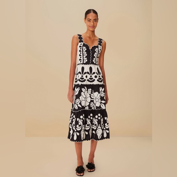 FARM Rio Dresses & Skirts - Farm Rio Black and White Summer Shell Fish Cutwork Cotton Midi Dress Medium